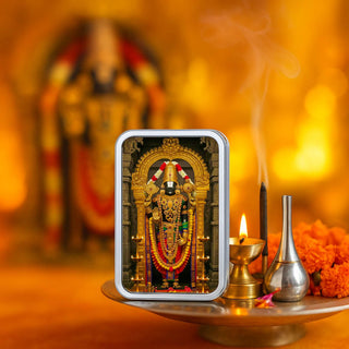 Nipura Grace of Tirupati Lord Balaji silver bar on an altar with traditional offerings