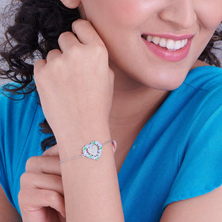 Heart-Shaped Blue-Green Enamel 925 Sterling Silver Bracelet with White CZ Stones