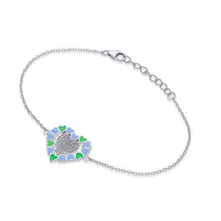 Heart-Shaped Blue-Green Enamel 925 Sterling Silver Bracelet with White CZ Stones