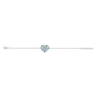 Heart-Shaped Blue-Green Enamel 925 Sterling Silver Bracelet with White CZ Stones