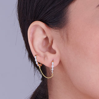 Nipura 925 Sterling Silver CZ Stone Studded Hoop Earrings with Chain Connector