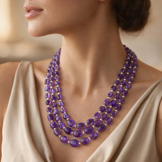 Natural Amethyst Oval Gemstone Beads necklace with pearls