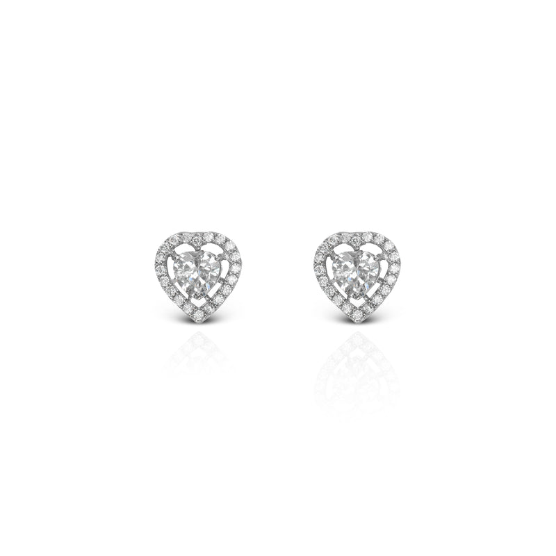 Zirconia Halo Heart Brass Stud Earrings