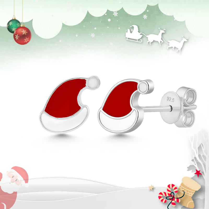 Nipura 925 Sterling Silver  Santa Hat Stud Earrings – Festive Red & White Christmas Holiday Earrings
