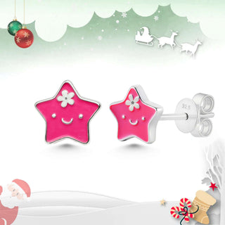 Smiley Star Pink Enamel Silver Stud Earrings