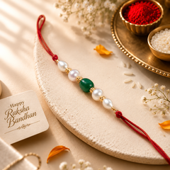 Oval Aventurine & Real Pearl Thread Rakhi for Kids, Teen & Adult Brother Premium Rakhi Gift