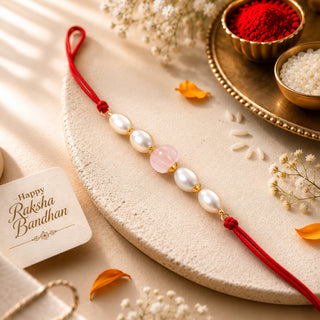 Carved Rose Quartz & Real Pearl Thread Rakhi for Kids, Teen & Adult Brother Natural Gemstone Rakhi