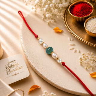 Round Carved Aventurine Real Pearl Thread Rakhi