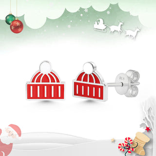 Nipura 925 Sterling Silver  Winter Beanie Stud Earrings – Red & White Cozy Hat Holiday Earrings