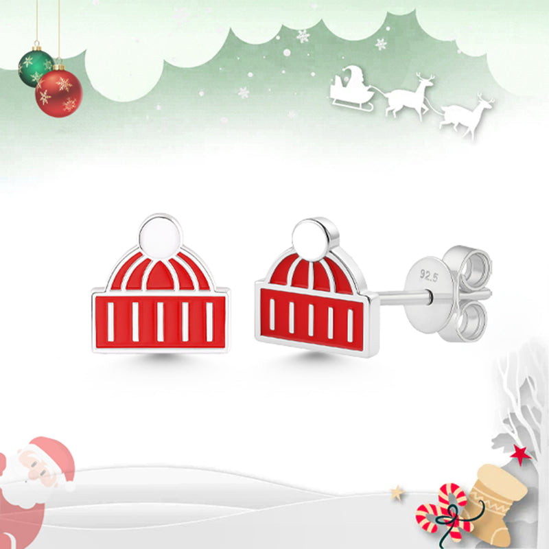 Nipura 925 Sterling Silver  Winter Beanie Stud Earrings – Red & White Cozy Hat Holiday Earrings