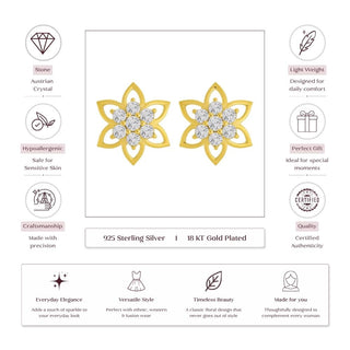 Six-Petal Floral 18kt Gold-Plated Silver Stud Earrings with Dazzling Cubic Zirconia