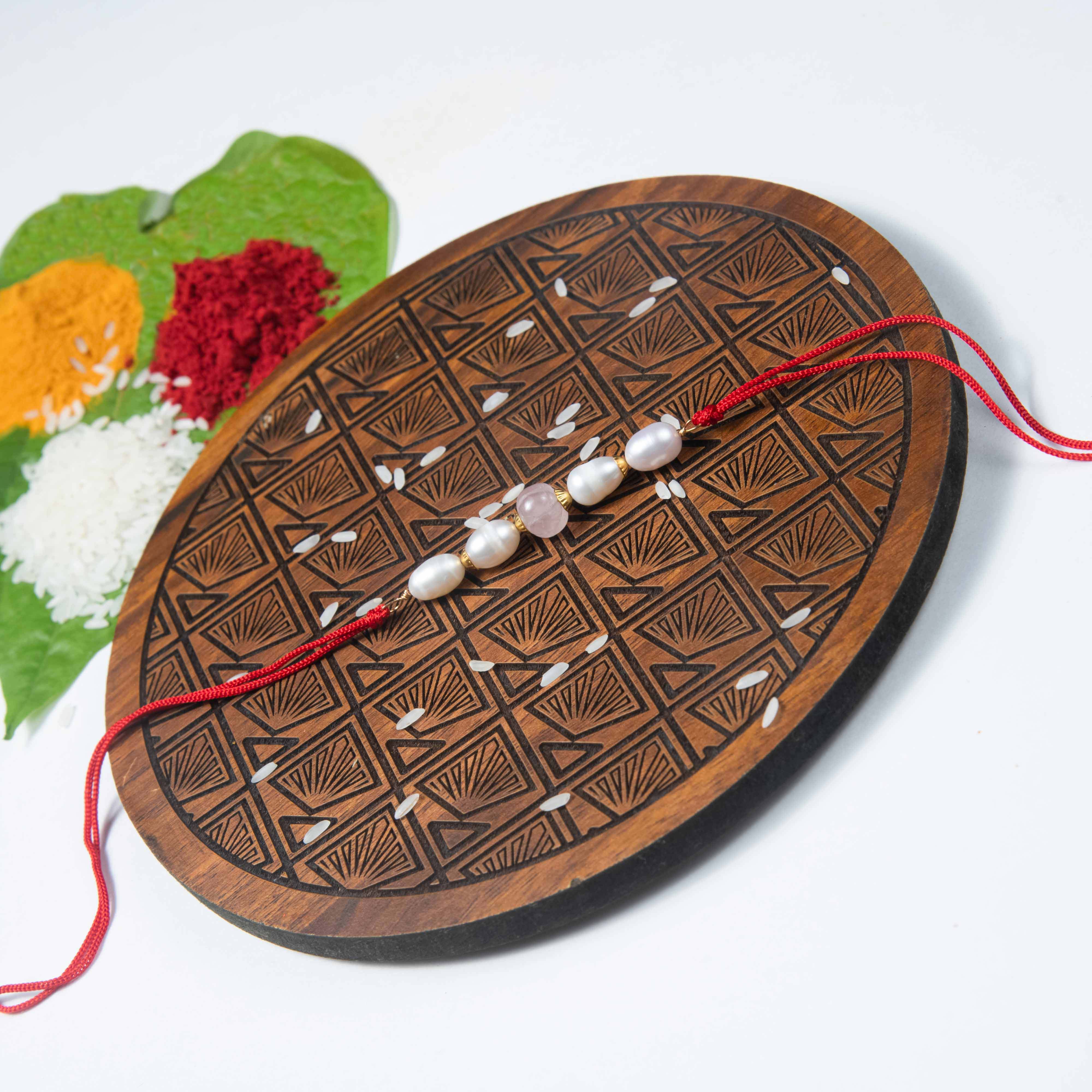 Carved Rose-quartz Real Pearl Rakhi – Nipura Fashion
