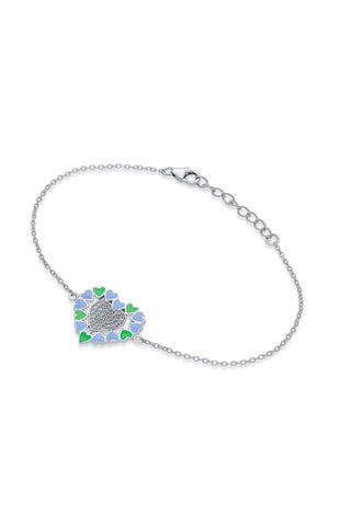 Nipura 925 Sterling Silver Heart-Shaped Blue-Green Enamel Bracelet with White CZ Stones