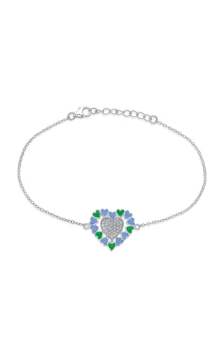 Nipura 925 Sterling Silver Heart-Shaped Blue-Green Enamel Bracelet with White CZ Stones