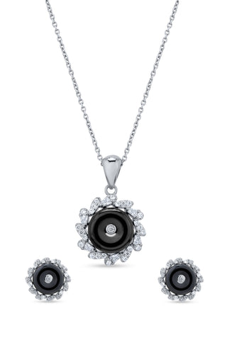 Nipura 925 Sterling Silver Black Onyx Halo Pendant Set