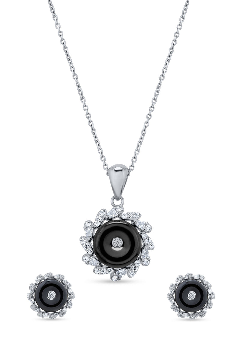 Nipura 925 Sterling Silver Black Onyx Halo Pendant Set