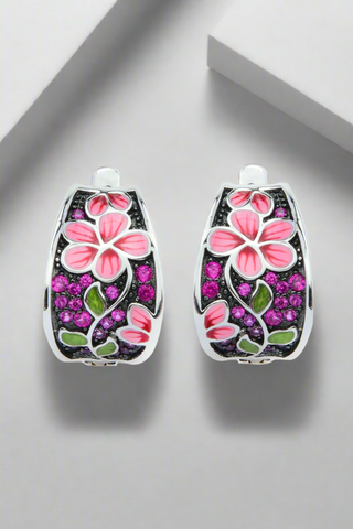 Nipura 925 Sterling Silver Pink Cosmos Enamel Bali Earrings