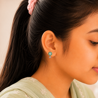 Nipura Sterling Silver Sparkling Charm Stud Earrings for Kids, Girls, and Babies | Green Charm Design |Children's Silver Jewelry | Ideal Gift
