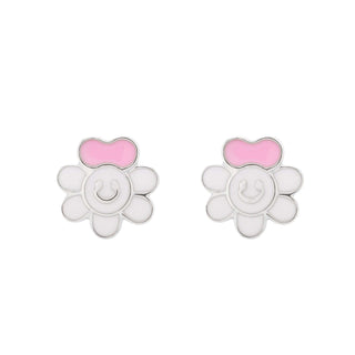 Charming Pink & White Enamel Daisy 925 Sterling Silver Stud Earrings