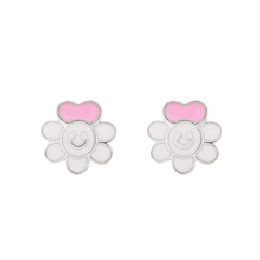 Charming Pink & White Enamel Daisy 925 Sterling Silver Stud Earrings