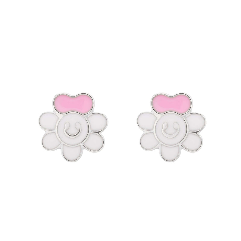 Charming Pink & White Enamel Daisy 925 Sterling Silver Stud Earrings
