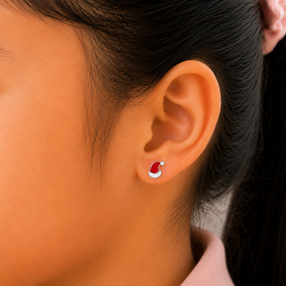Nipura 925 Sterling Silver  Santa Hat Stud Earrings – Festive Red & White Christmas Holiday Earrings