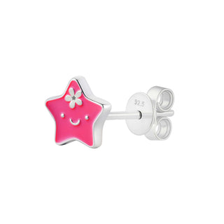 Smiley Star Pink Enamel Silver Stud Earrings