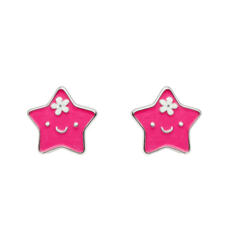 Smiley Star Pink Enamel Silver Stud Earrings