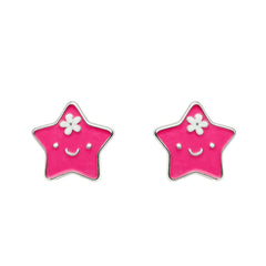 Smiley Star Pink Enamel Silver Stud Earrings