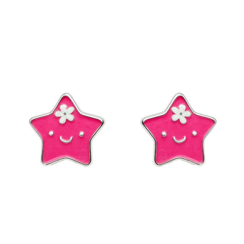 Smiley Star Pink Enamel Silver Stud Earrings
