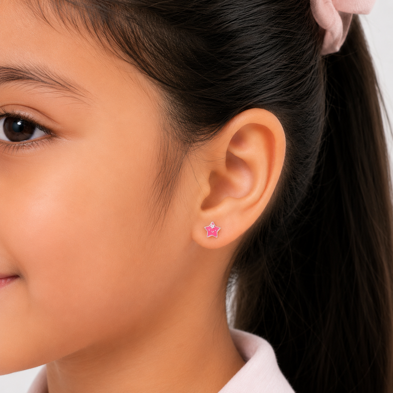 Smiley Star Pink Enamel Silver Stud Earrings