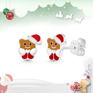 Santa Bear Enamel Sterling Silver Stud Earrings Skin Dark