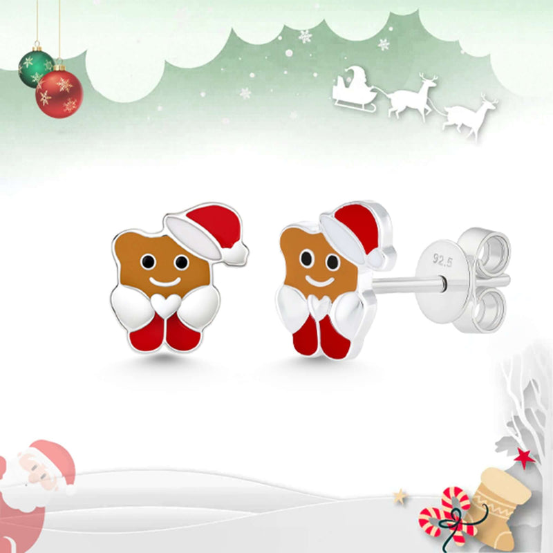 Santa Bear Enamel Sterling Silver Stud Earrings Skin Dark