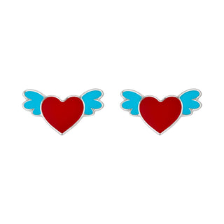 Sterling Silver Winged Heart Stud Earrings with Enamel