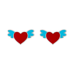 Sterling Silver Winged Heart Stud Earrings with Enamel