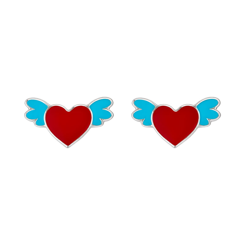 Sterling Silver Winged Heart Stud Earrings with Enamel