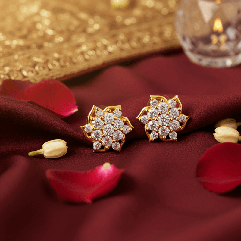 Lotus 18kt Gold-Plated Floral Silver Stud Earrings | Cubic Zirconia Layered