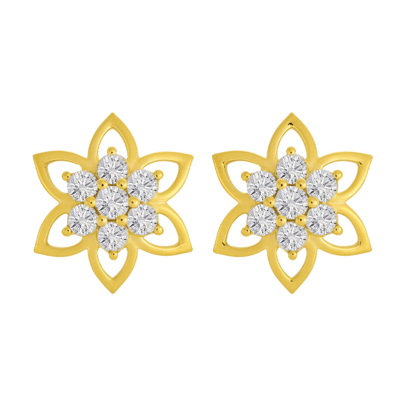 18kt Gold-Plated Floral Silver Stud Earrings for Women & Girls | Cubic Zirconia Cluster Six-Petal Design | Gold-Toned Jewelry