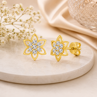 Six-Petal Floral 18kt Gold-Plated Silver Stud Earrings with Dazzling Cubic Zirconia