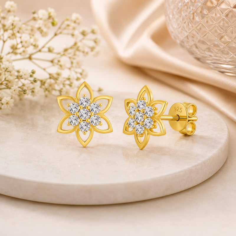 Six-Petal Floral 18kt Gold-Plated Silver Stud Earrings with Dazzling Cubic Zirconia