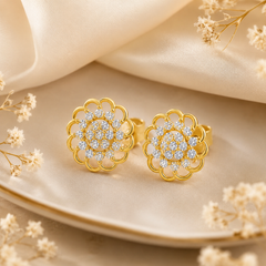Floral Cluster Dazzling 18KT Gold-Plated  925 Sterling Silver & CZ Stud Earrings