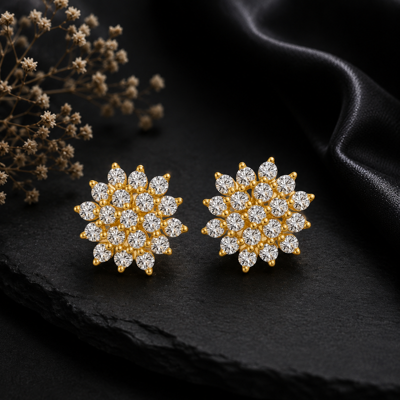 Blooming Flower 18KT Gold-Plated 925 Sterling Silver with Dazzling CZ Stones Stud Earrings