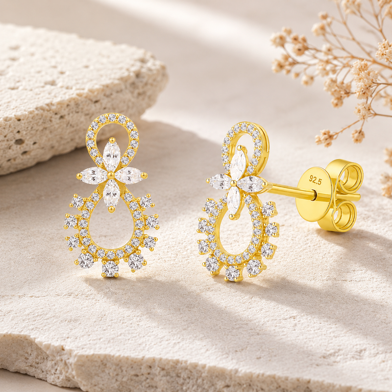 Floral Drop 18kt Gold-Plated Silver Earrings for Women & Girls | Cubic Zirconia-Studded Designer Dangle Studs