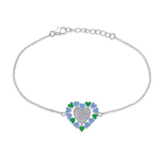 Heart-Shaped Blue-Green Enamel 925 Sterling Silver Bracelet with White CZ Stones