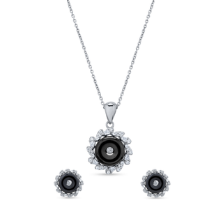 Nipura 925 Sterling Silver Black Onyx Halo Pendant Set