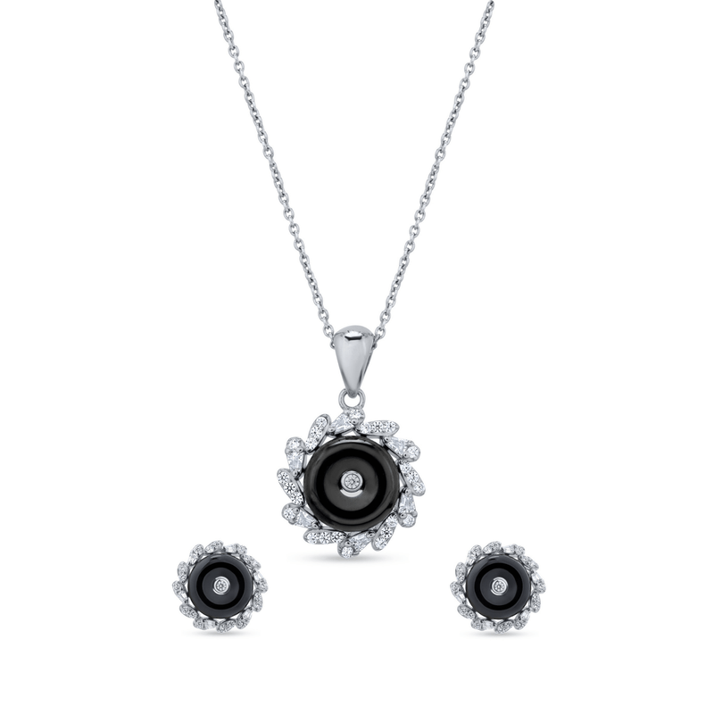 Nipura 925 Sterling Silver Black Onyx Halo Pendant Set