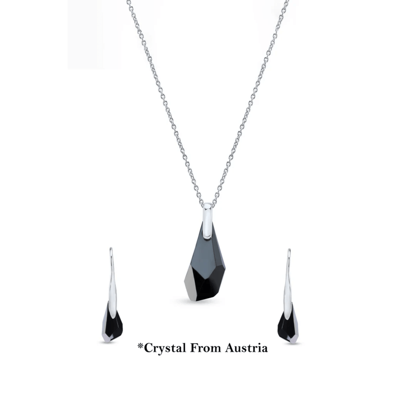 Nipura Certified 925 Sterling Silver Elegant Black Teardrop Austrian Crystal Pendant Earrings Set