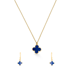 Blue Clover Drop - Golden 925 Sterling Silver Necklace and Earrings Set