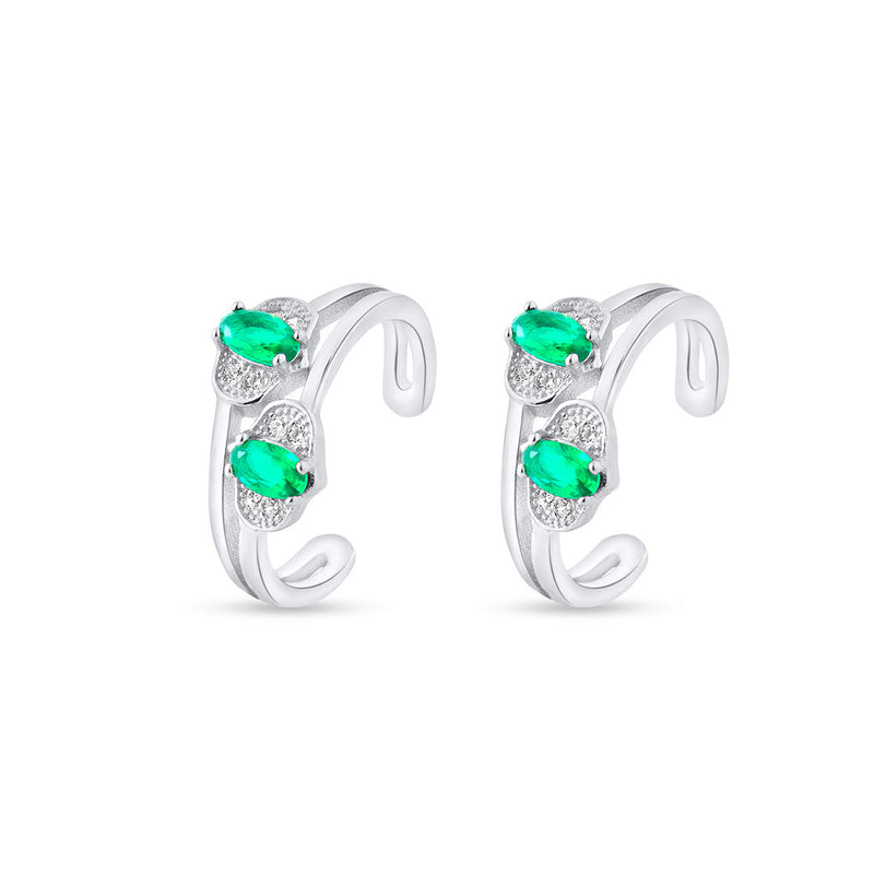 Nipura 925 Sterling Silver Designer Green Stone and Zircons embedded Adjustable Toe Ring