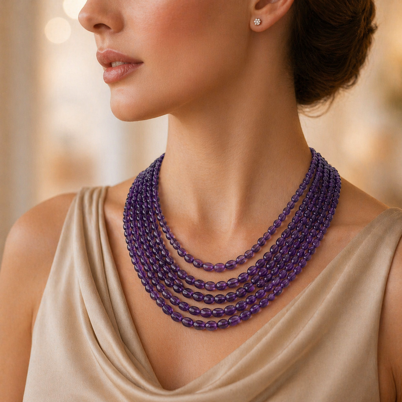 Natural Amethyst Oval Gemstone Beads necklace - Purple